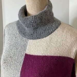 Vintage 1980s color block sweater large silk nylon angora knit turtleneck cozy